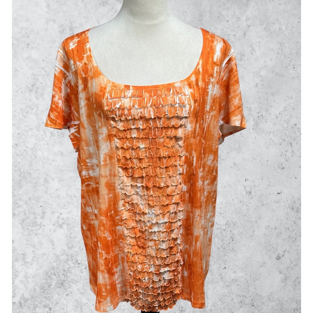 Chicos Orange White Abstract Ruffle‎ Front Boho Sleeve Top Size 3 (XL)